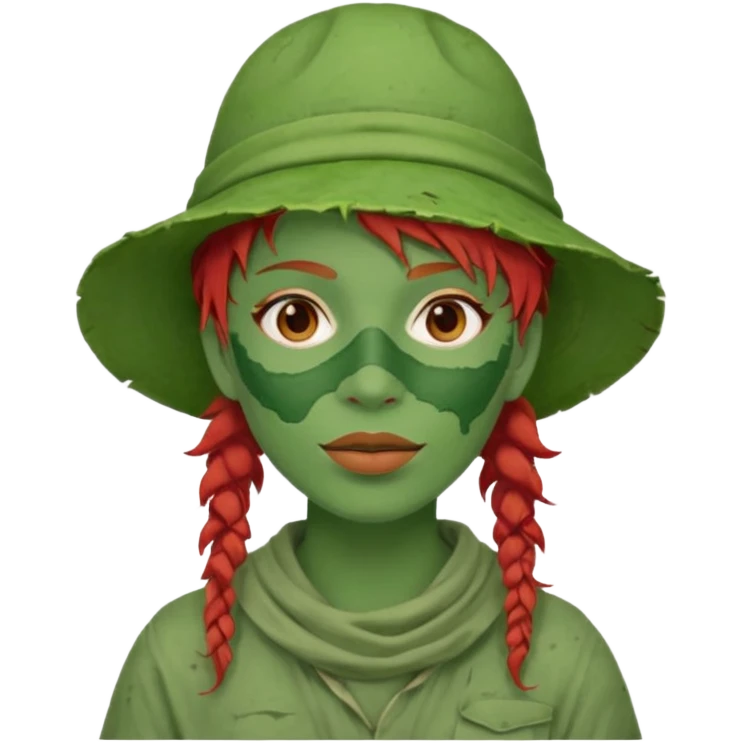 messy green full face green clay mask and tourist hat red hair  emoji