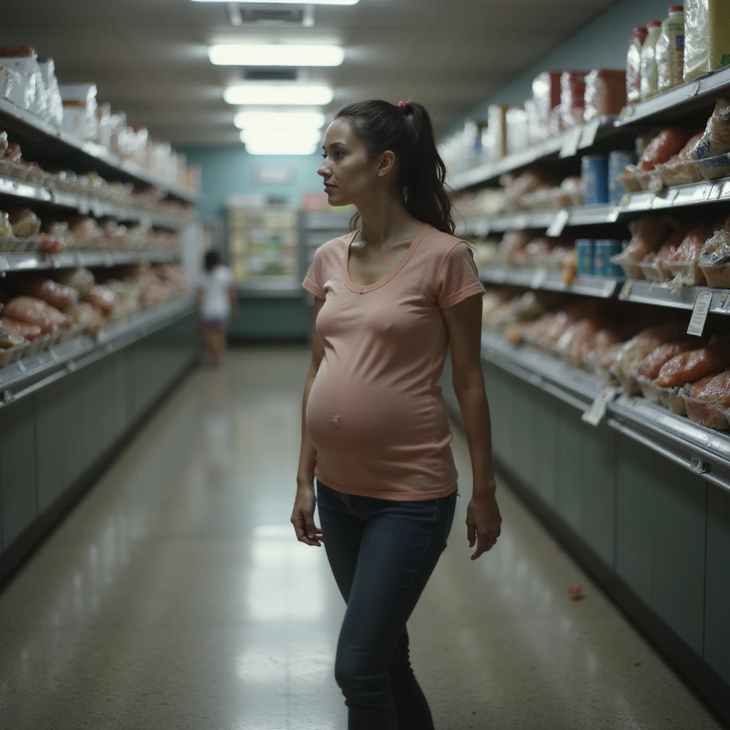 realistic pregnant woman in 4K walking away from salmon counter after reading information about parasites emoji