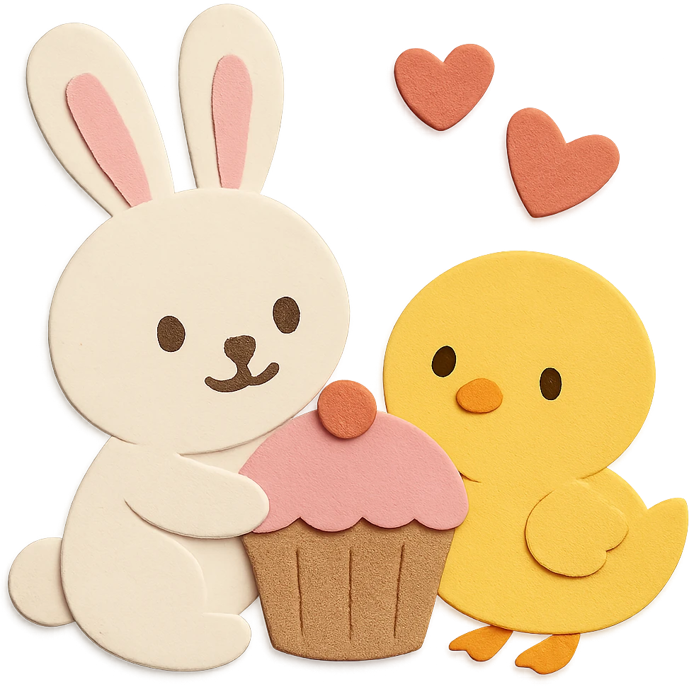Make sure the bunny's tummy is not transparent and correct the chick's face so it looks normal and friendly, keep the paper-craft style and color palette emoji