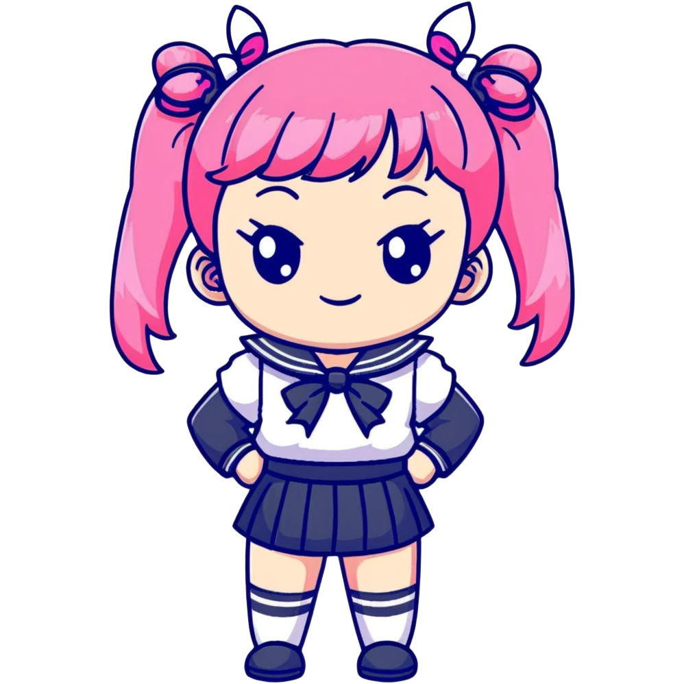 Adorable anime schoolgirl with pink twin tails and big eyes wearing sailor uniform, cute chibi style emoji
