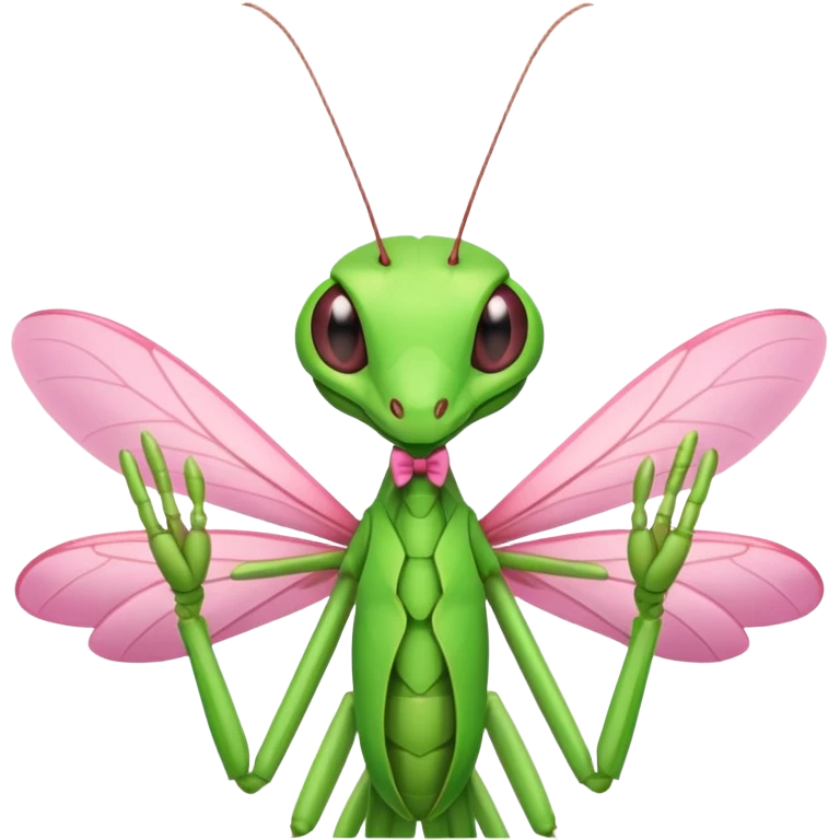 Praying mantis with hands up front wearing a pink bow emoji