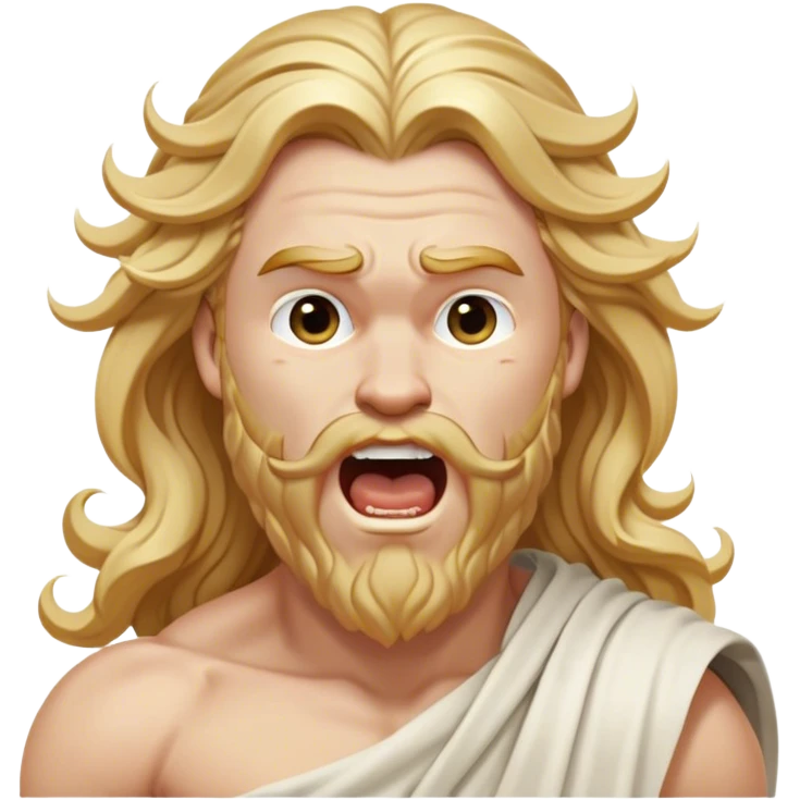 Cinematic Realistic Thor Portrait, head tilted slightly with a dramatic, wide-open yawn, revealing a moment of unguarded human vulnerability amidst his divine stature. His fair, luminous skin and elegantly styled, wavy golden hair maintain their sculptural perfection even in repose. Dressed in a flowing white toga with understated golden accents, the portrait is bathed in soft natural light, capturing a rare glimpse of relaxed, timeless strength from a Greek god reborn. emoji