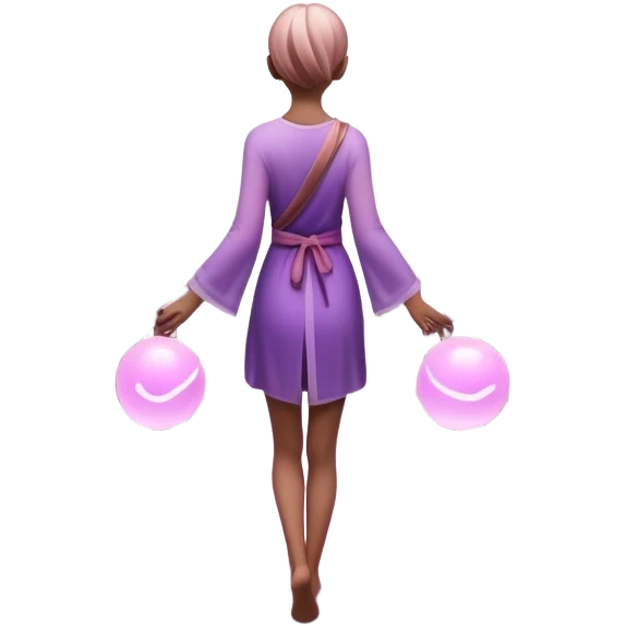 A small figure walks back across a foggy bridge, holding soft pink and purple orbs in each hand—symbolizing compassion and forgiveness. A gentle heart aura trails behind them, showing healing in motion. emoji