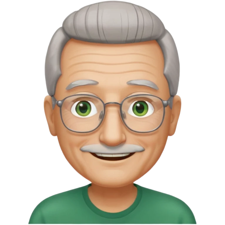 Old man with receding hair, grey hair only on the sides, green eyes, rectangular reading glasses, rounded clear face, with a smile emoji