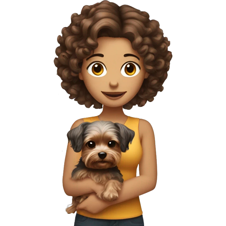 white women with curly medium length brunette hair, holding a cute yorkie dog emoji