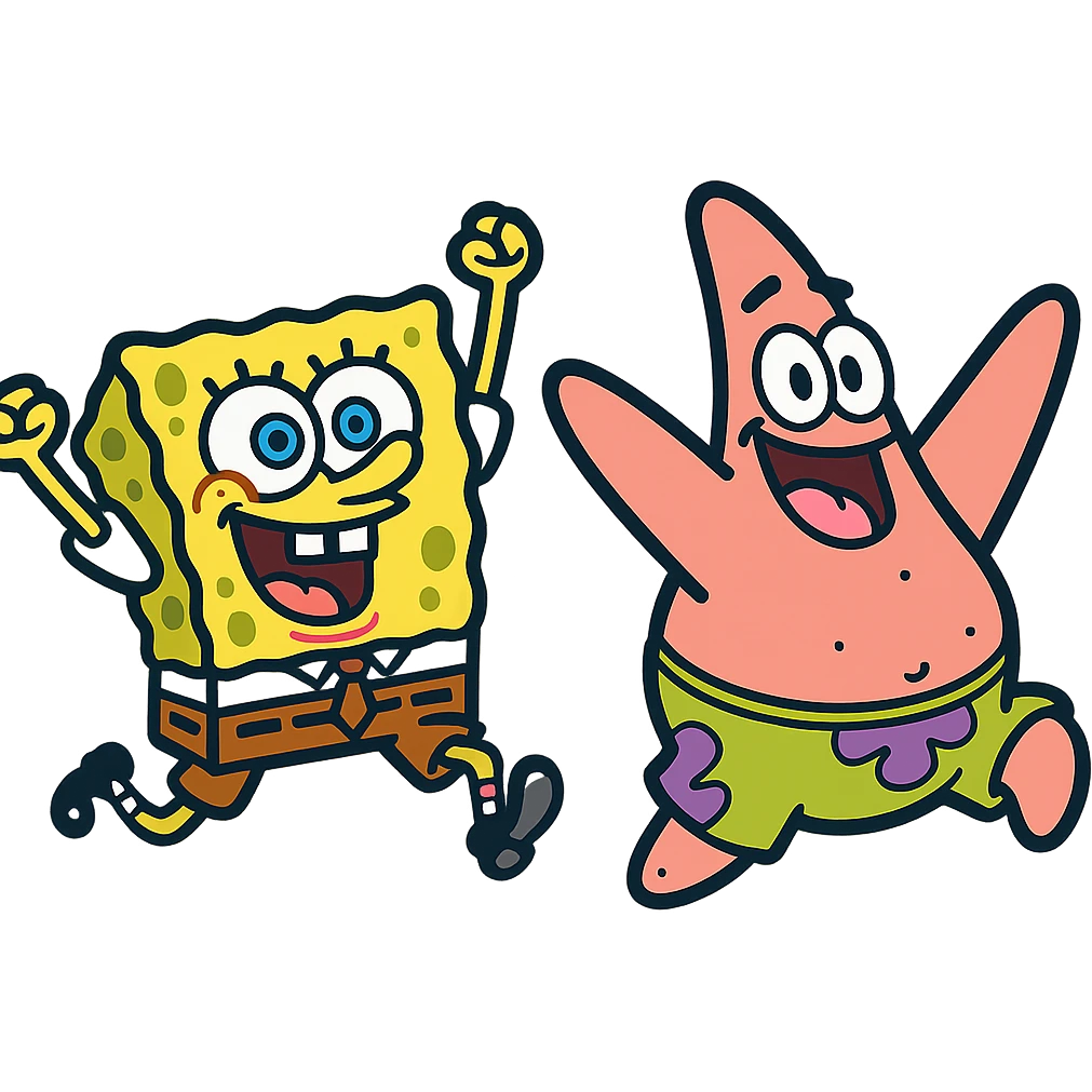 Spongebob and Patrick as lively, energetic color outline icons, expressive poses, dynamic movement, inspired by their movie appearances, black outlines with flat color fill, no text emoji
