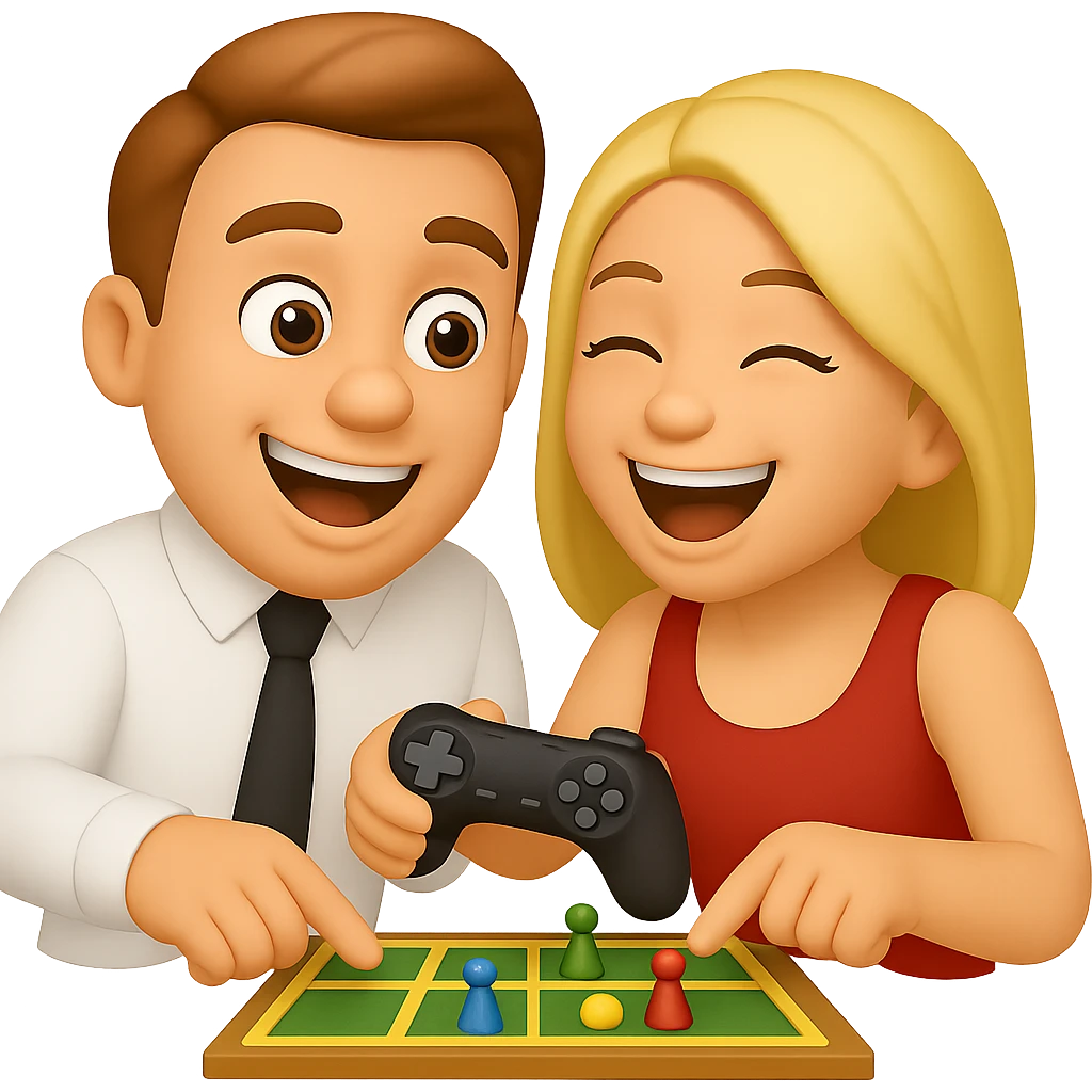 Two emoji characters playing a game together, interacting with a game controller or board game, showing joyful expressions, transparent background. emoji