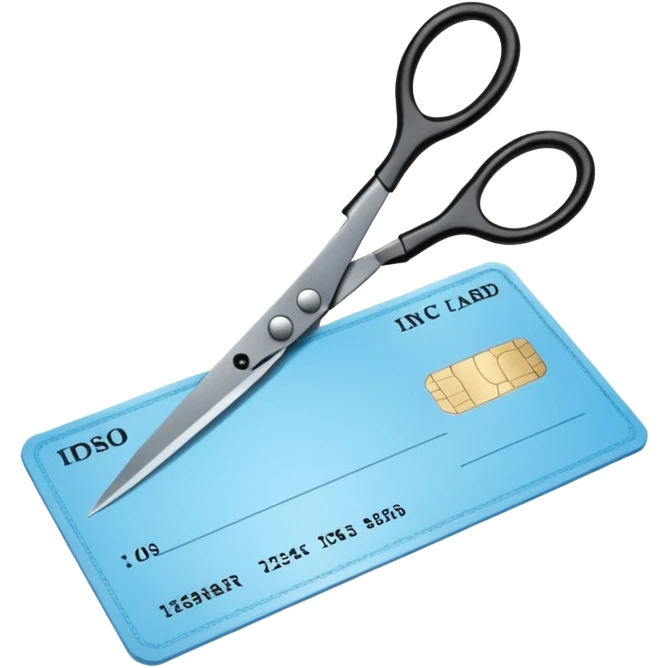 Floating black Scissors cutting a light blue military ID card in 2 parts .hyper realistic emoji