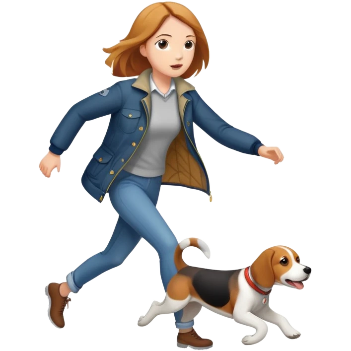 A beautiful tall girl with fair skin wearing a jacket chasing a beagle emoji