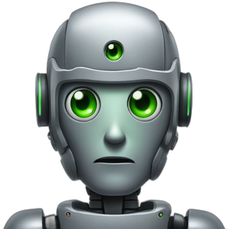 Grey robot with one green eye and one black turned off eye with a indent on top of his head emoji