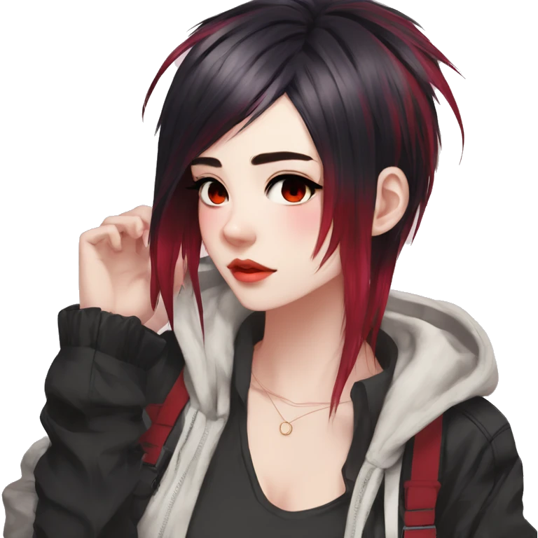 Gorgeous anime style tomboy-lady with blushing face aesthetic and pretty edgy black red punk hair with hair garment trending style emoji