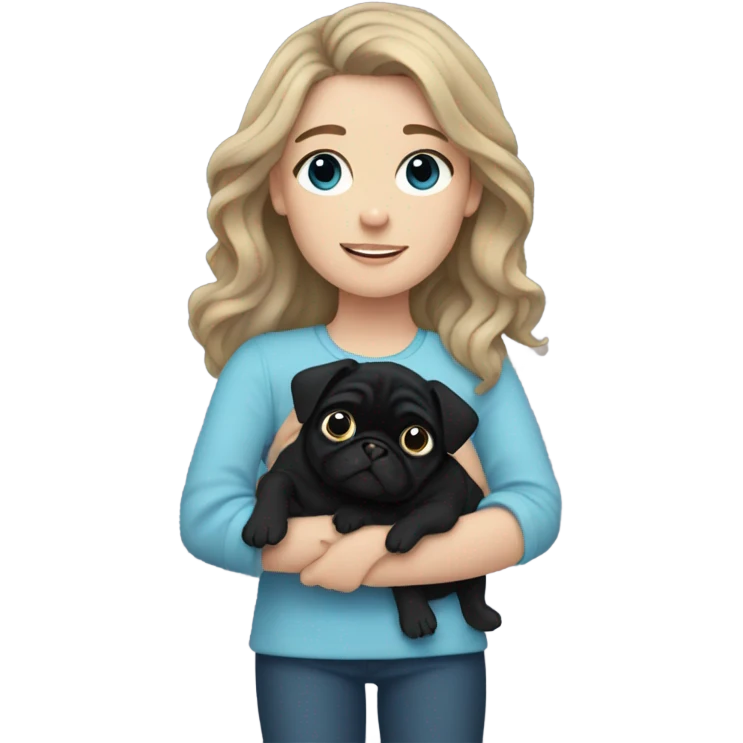 Girl with wavy dark blonde hair and blue eyes holding a black pug emoji