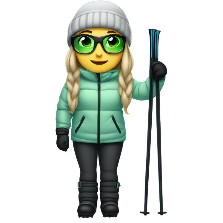 Green-eyed, fat female skier with long straight hair, glasses, light grey snow jacket, long black pants, black only snow boots, wearing black skis standing tall. emoji