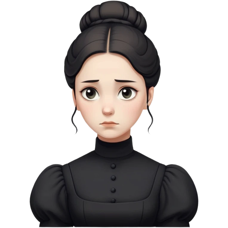 A Victorian woman with a simple coiffed white bun and light eyes wearing a simple monochrome black turtleneck mourning dress with puffed sleeves looking down with a forlorn, miserable expression emoji