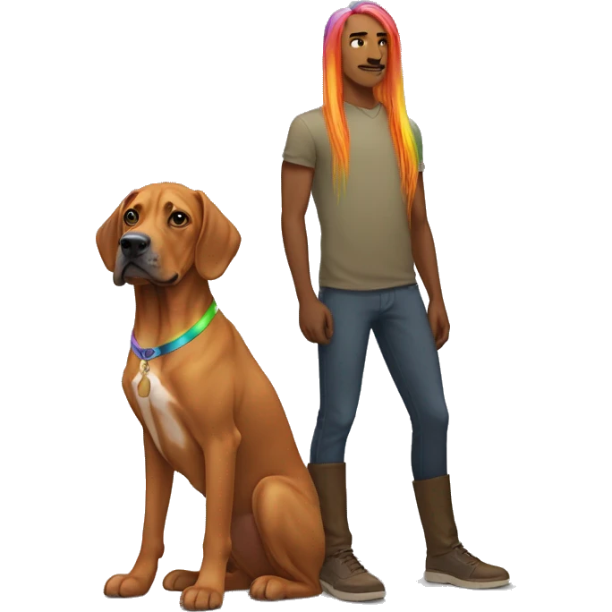 white male with long rainbow colored hair standing alongside a brown rhodesian ridgeback emoji