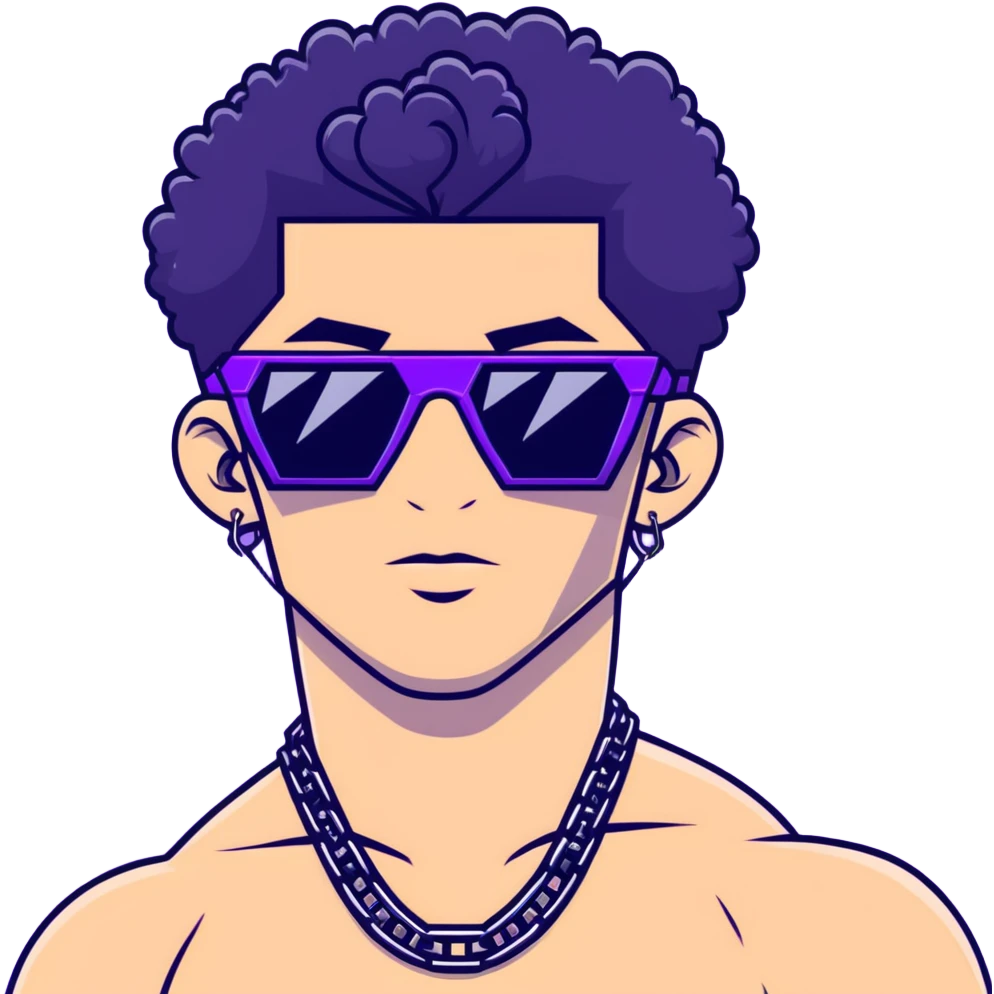 shirtless male athlete with white skin and moderately curly black hair on top with shaved sides, wearing sharp angular geometric purple sunglasses with very dark heavily tinted black lenses, and a simple plain black chain necklace, no earrings emoji