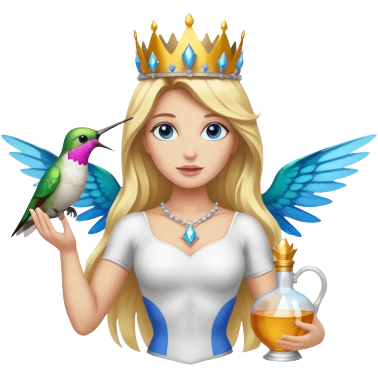 full body woman long blonde hair blue eyes white skin muscular build hummingbird crown and nectar flask emoji