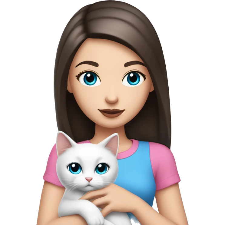 white girl with straight dark brown hair and blue eyes with pink lips and long eyelashes wearing a pink shirt holding a white cat emoji