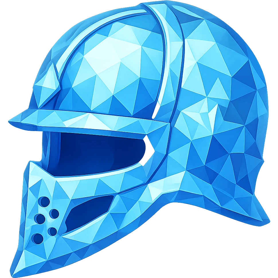 Create a diamond helmet in emoji style, blue crystalline and faceted, matching the shape and style of the original steel helmet. The helmet should have highly detailed facets and shine, with no gold or silver. Transparent background. emoji
