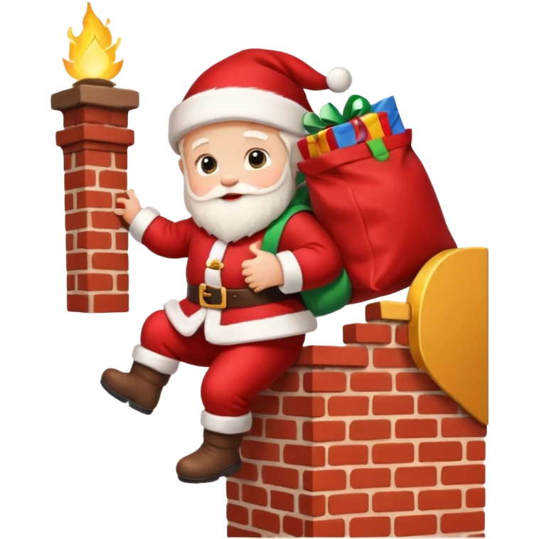 baby Santa Claus is carrying a bag of presents and climbing down the chimney. emoji