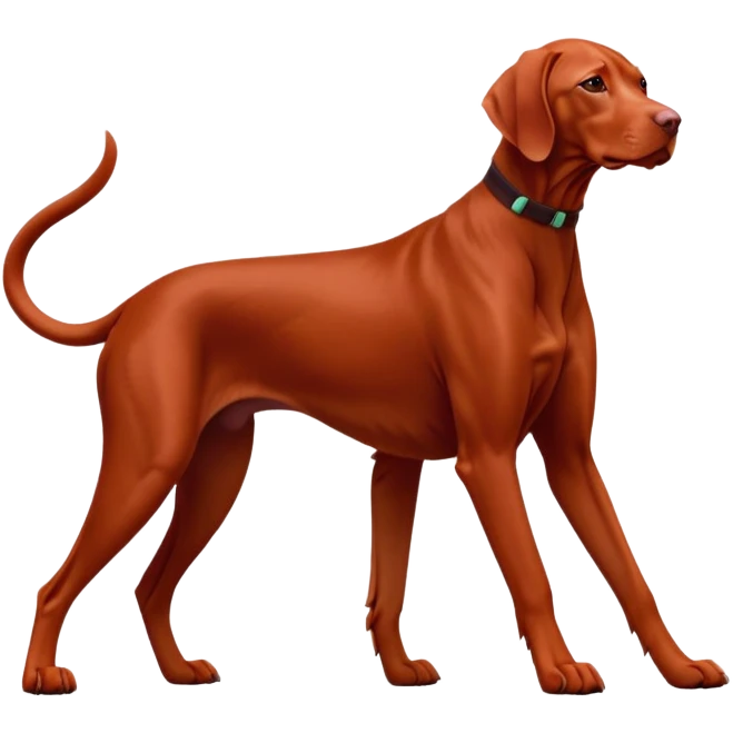 cinematic-[Vizsla-realistic-full-body-standing-emoji,-tail-resting-loosely-beside-its-paws,-head-tilted-dramatically, -sleek-[red]-fur,-simplified-yet-realistic-focused-features,-highly-detailed,-glowing-with-an-almost-sarcastic-glow emoji