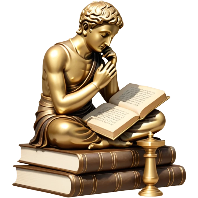 An icon featuring a Thinker statue, a scroll, symbolizing philosophy. The design includes books and abstract symbols representing deep thought and wisdom. Transparent background highlights the study of ideas, logic, and existential questions emoji