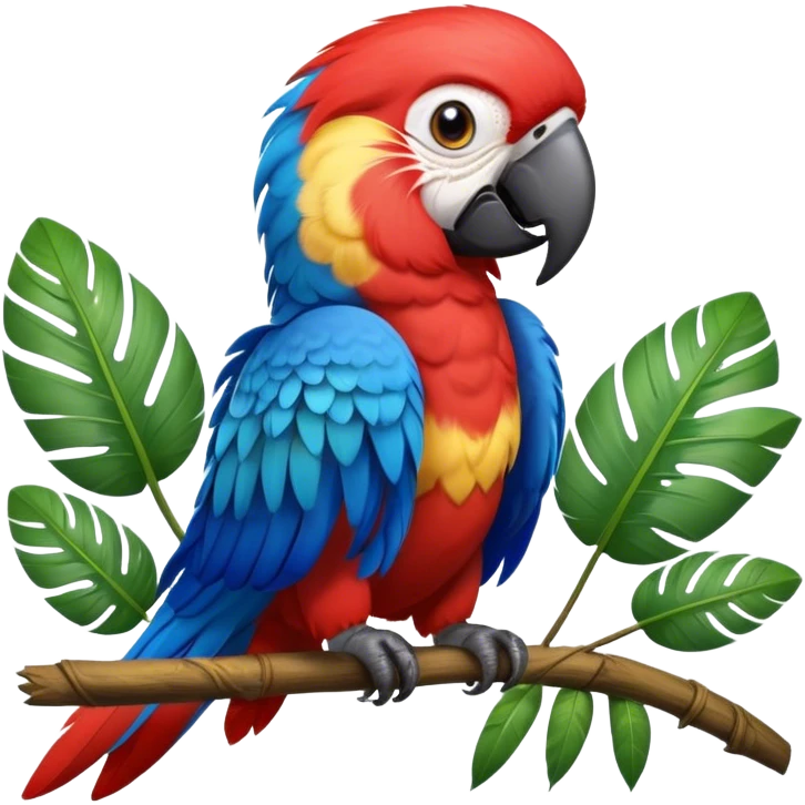 Cinematic Realistic Cute Macaw Portrait Emoji, Head tilted playfully and inquisitively, featuring a compact, lively build with intricately detailed, vivid scarlet and blue feathers and a charming, expressive face with round, sparkling eyes full of tropical wonder, rendered with realistic texture and vibrant natural hues, high shine, affectionate and spirited, styled with a touch of whimsical rainforest charm, soft glowing outline, capturing the essence of a mischievous yet lovable macaw that seems poised to flutter playfully into your arms! emoji