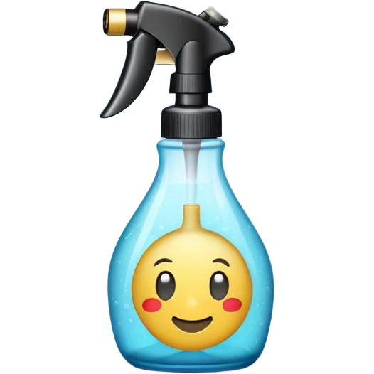 An emoji of a spray bottle actively spraying mist. A fine mist of tiny particles is visible in the air as the nozzle releases the spray. Can resemble a perfume, cologne, or cleaning product. Transparent bottle with a trigger or press nozzle, slightly tilted while spraying emoji