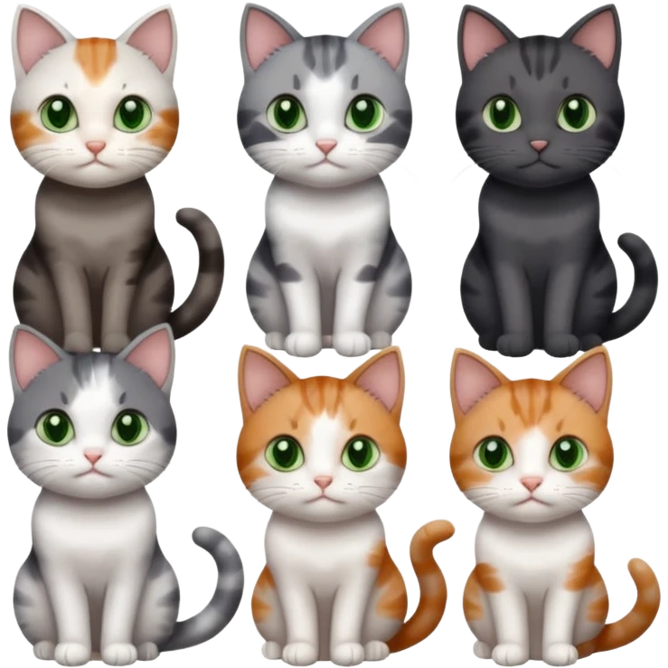 6 different coloured small cats including a dark grey and white, and a patchy calico, and a brown tabby and white,  and a completely solid dark grey with green eyes and only white paws emoji