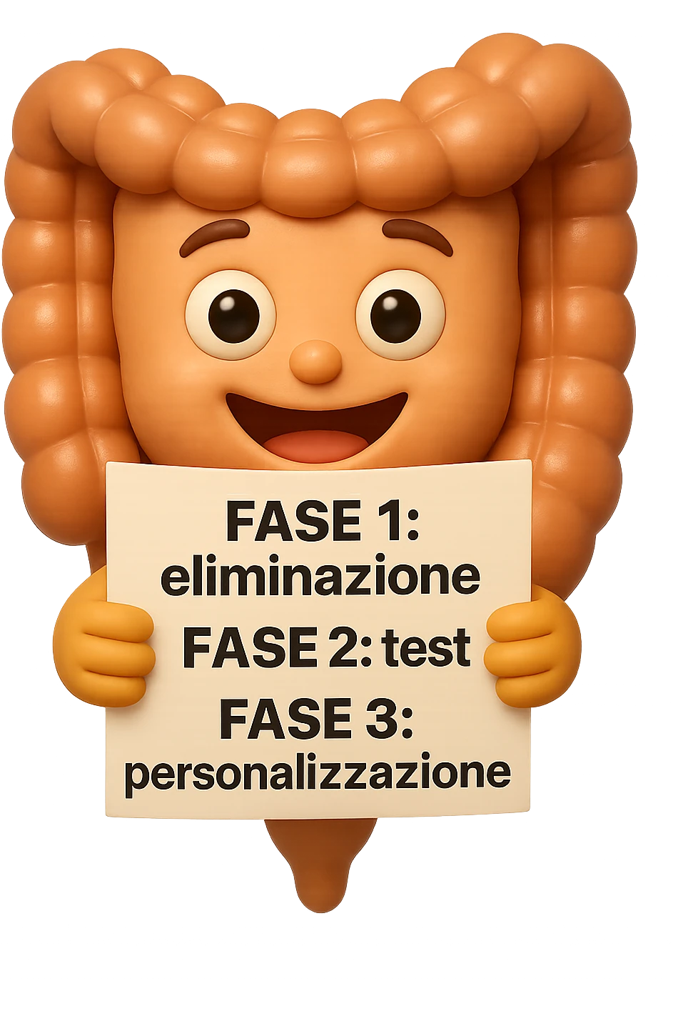 emoji stile iphone 3d di un intestino che tiene in mano un foglio con la scritta "FASE 1: eliminazione, FASE 2: test, FASE 3: personalizzazione, IPERREALISTICO 4K emoji