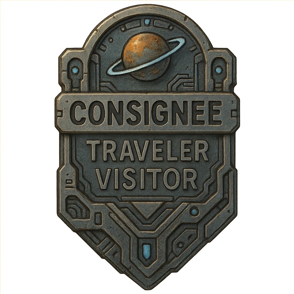 a metal insignia badge for a consignee traveler visitor, space scifi-futuristic cyberpunk futurepunk emoji