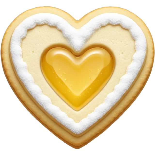 Realistic shortbread cookie in the shape of a heart with color of lemon jelly middle filling and sprinkled powder sugar on top. emoji