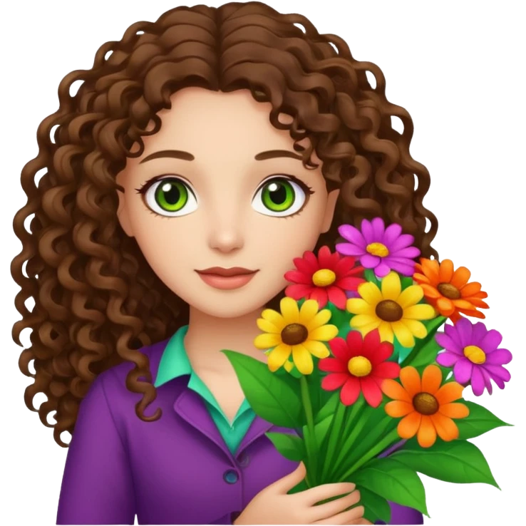 light skinned brunette long curly haired girl with green/hazel eyes holding big bright bunch of flowers. White background. emoji