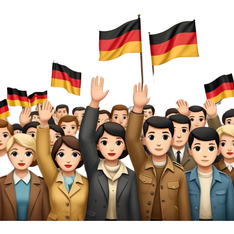 group of protesters, some waving East and West German flags, Berlin Wall behind, 1950s and 60s emoji