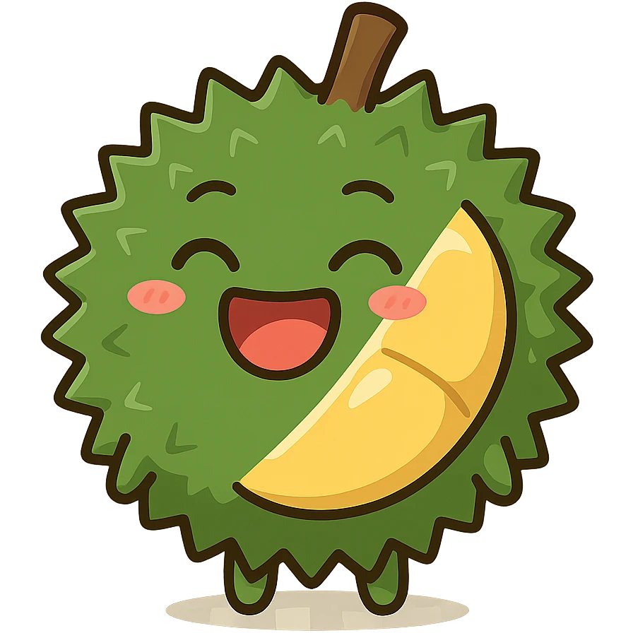round durian in chibi style, green spiky shell, yellow flesh, laughing, eyes closed, mouth wide open, kawaii style, full-body emoji