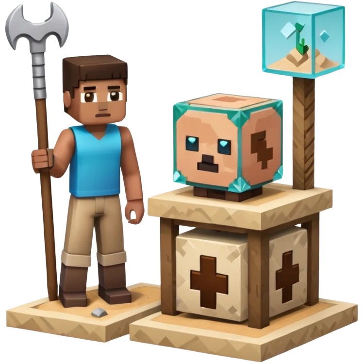 minecraft crafting station in a minecraft cube style with tools, stone, wood, glass, sand, ... emoji