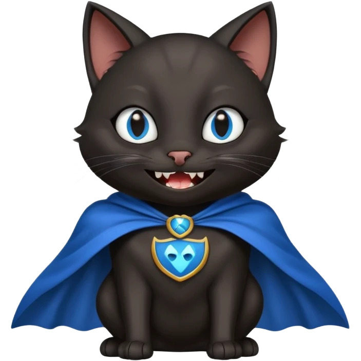 an all black anthropomorphic cat with blue eyes wears an all black cape and is smiling a mischievous sharp tooth grin emoji