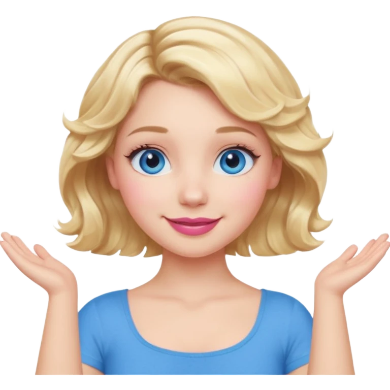 Girl Blonde short wavy hair,  blue eyes, cute blue top, long lashes, pink lips, smiling, making an x with arms  emoji