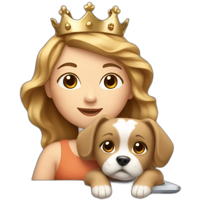 girl with blue eyes and light brown hair. With a crown and a dog and a laptop. emoji