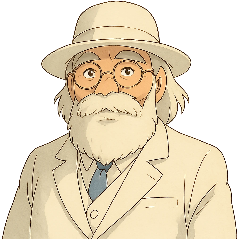 old man with a white hat, slightly long white beard, white moustache, round glasses, white suit, white longish hair, ghibli style emoji