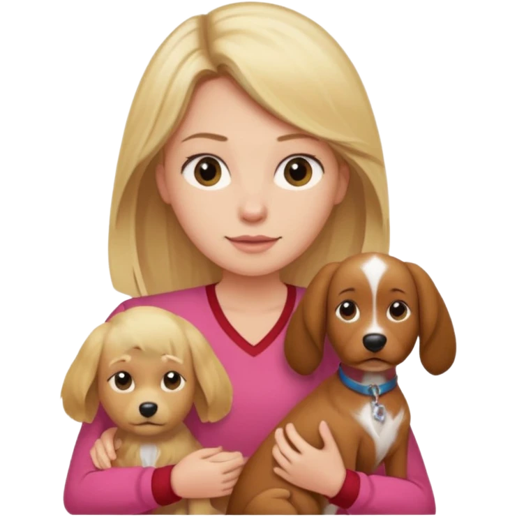 Mulher loira usando blusa rosa e seu filho de cabelo castanho comprido usando uma camisa vermelha e um cachorro  emoji