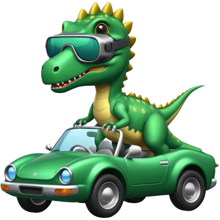 Dinosaurio subido en un carro tecnológico con lentes de realidad virtual emoji