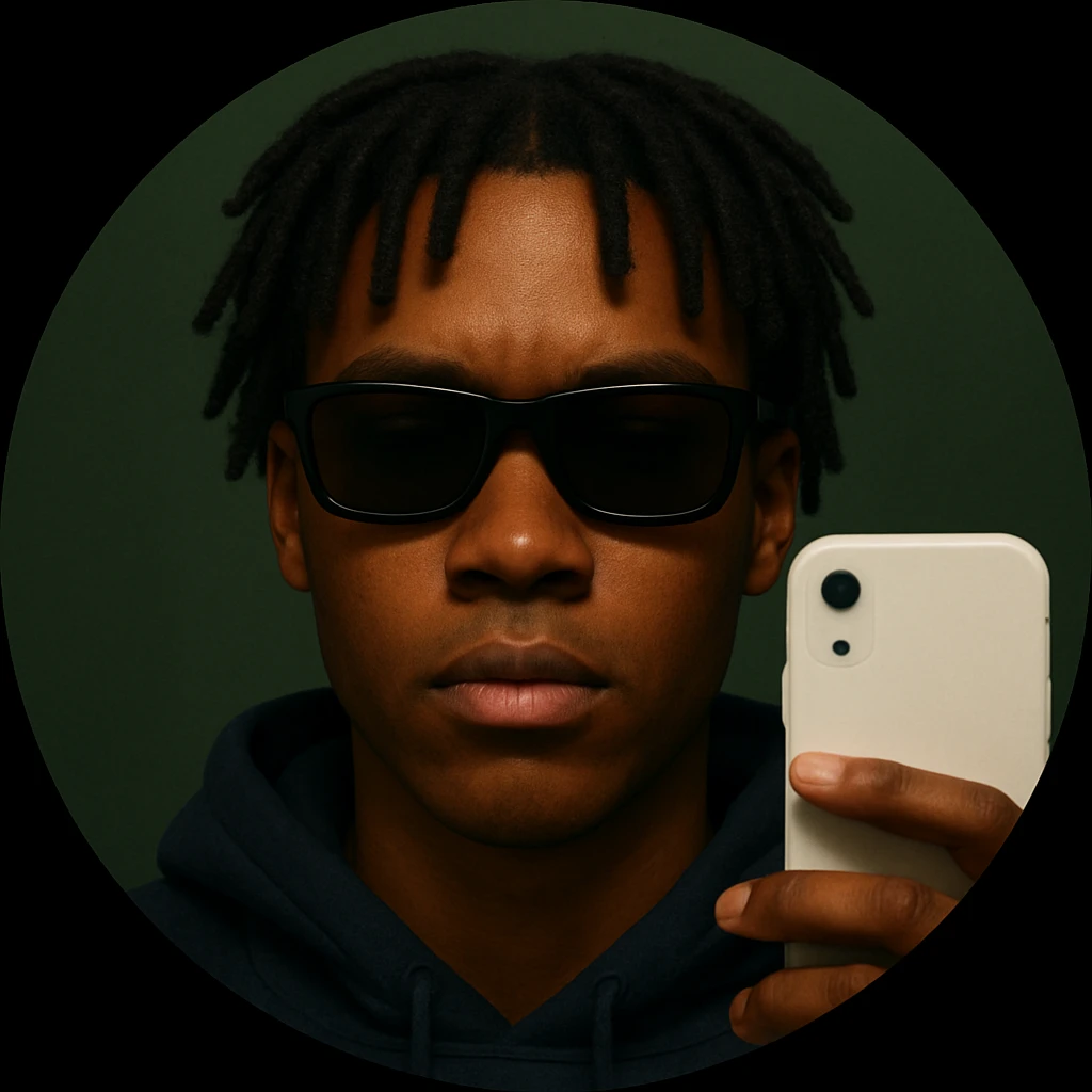 Create a close-up, circular profile picture of a young man with dark skin, wearing a dark blue hoodie, dreadlock dark hair, and dark sunglasses. He is holding a white smartphone in the bottom right corner as if taking a selfie. The background is a plain, dark green surface. The style should be realistic and suitable for a profile picture. emoji