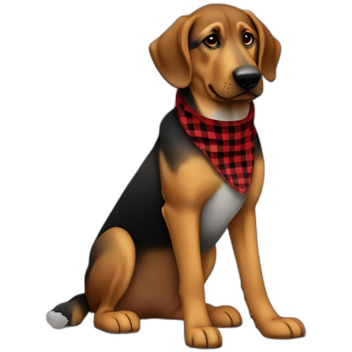 75% Coonhound 25% German Shepherd mix dog wearing small pointed red buffalo plaid bandana side view full body facing left emoji
