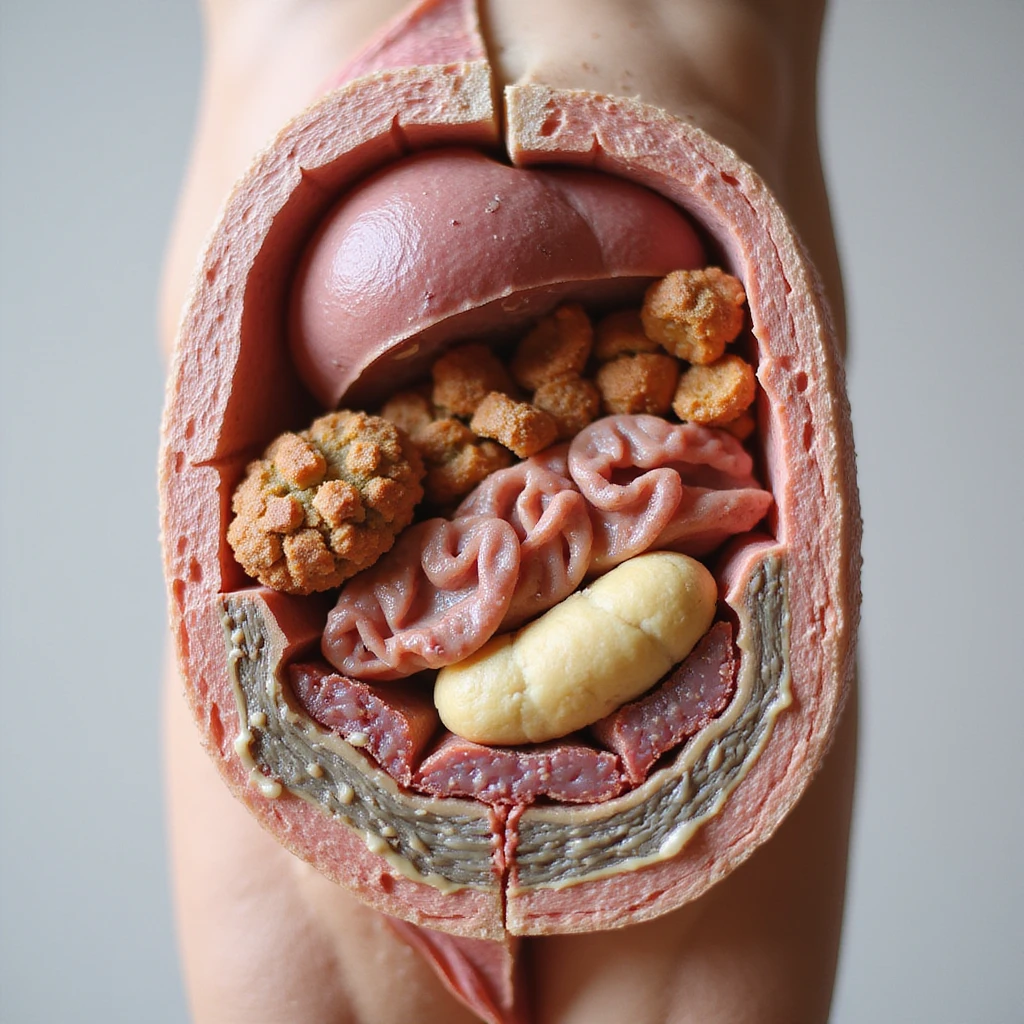 detailed anatomical 4K cross-section of fatty acid transport in the human body, focusing on mitochondria, carnitine, and membranes emoji