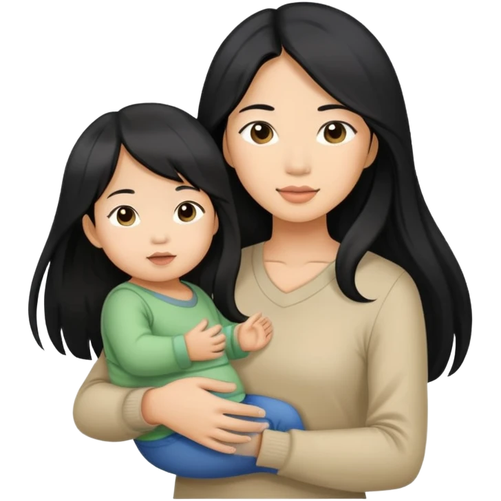 Asian female in long hair carrying her toddler daughter  emoji