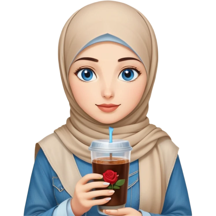 Turkish beautiful finish Konya girl blue eyes with beige denim hijab islamic dress and had on her hand Rose Cold brew coffee   emoji