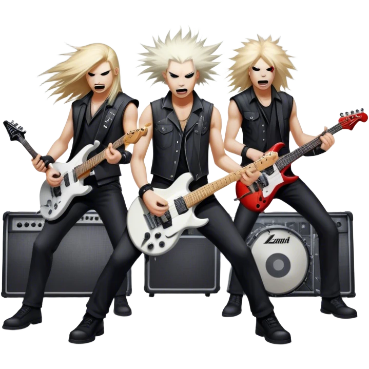 Icon for Heavy Metal Music: band on stage with electric guitars, drums and intense lighting. Musicians headbanging, surrounded by energy and stage effects, capturing the power and intensity of a metal concert. Transparent background. emoji