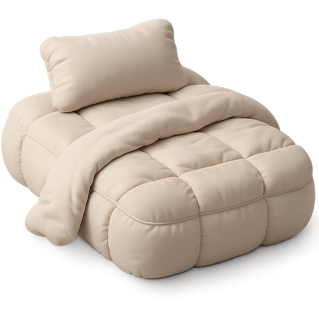 cushion style bed with puffy pillows and blanket, cozy and inviting emoji