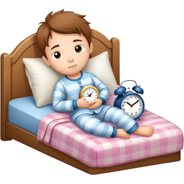 child tucked in bed with a clock showing bedtime, simple and cute emoji
